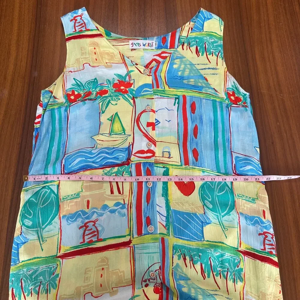 Jams world Colorful Button Front Sleeveless Midi Beachy Dress, Art to Wear, XL - Picture 8 of 12